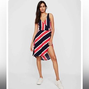 Red, White, and Blue Striped Express Faux Wrap Dress